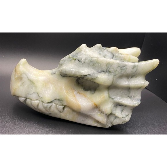Large White Peach Green Jade Dragon Skull Crystal Carving - Veins Dinosaur - Picture 3 of 9